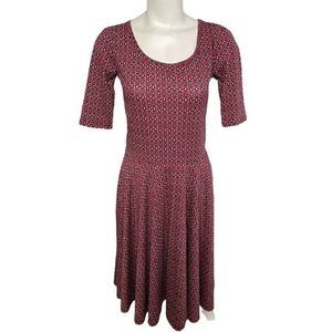 LuLaRoe Niclole Red Burgundy Abstract Floral Scoop Neck Fit Flare Dress Sz Small